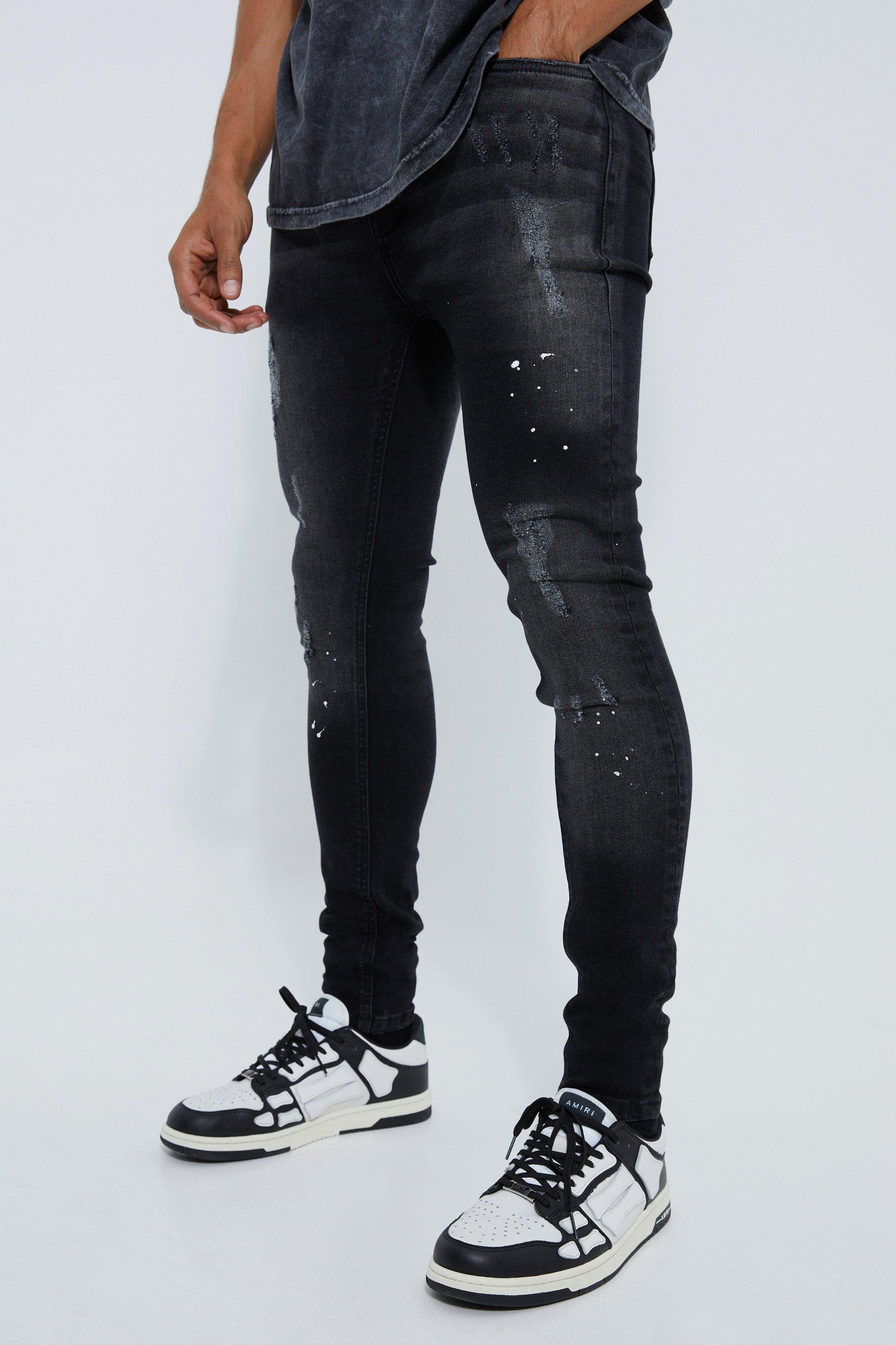 Mens Black Super Skinny Distressed Paint Splat Jeans, Black